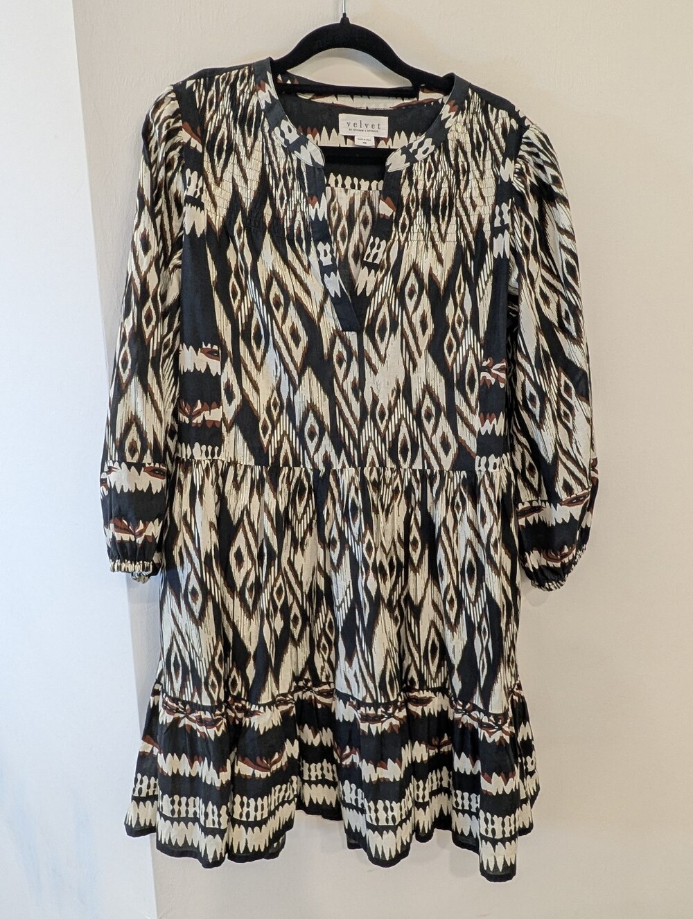 Velvet by Graham & Spencer Black, Cream & Brown Ikat Tiered Long-Sleeve Dress XS
